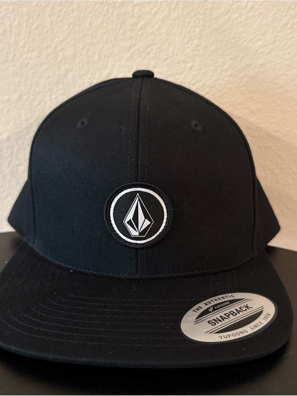 Volcom Black Snapback Hat with White Logo Patch